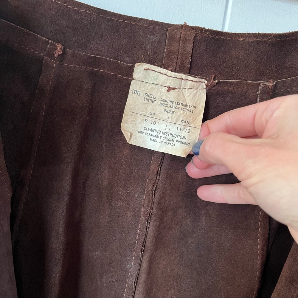 Vintage Suede Leather Skirt Brown Maple Leaf Snap Front Canada Appliqué Midi Vtg - Picture 11 of 14